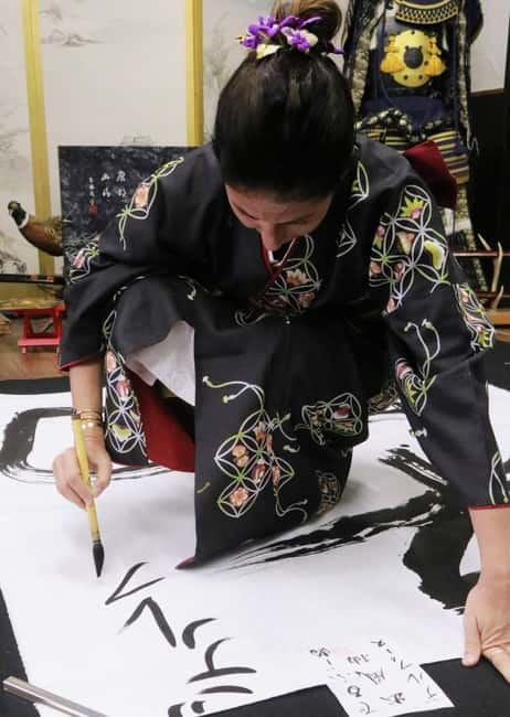 Learning Shodo with a kimono and Trying Samurai Calligraphy - Kimono photos and your Samurai Honor gift bag