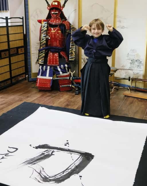 Learning Shodo with a kimono and Trying Samurai Calligraphy - Your name in kanji and the final sheet you take home