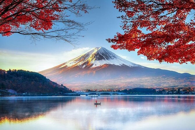 Mount Fuji above Lake Kawaguchi with autumn maples