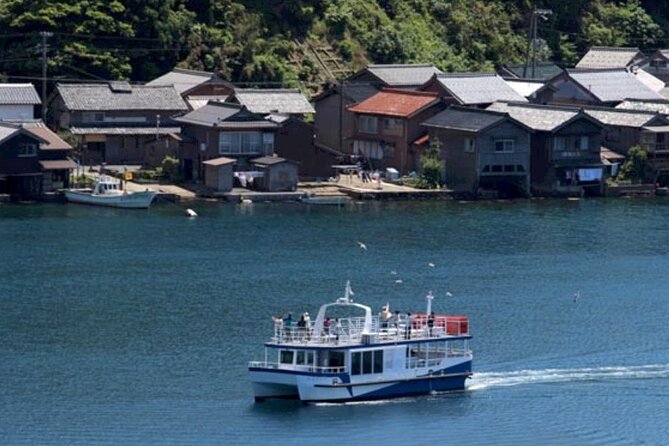 Osaka Day Tour: Amanohashidate & Ine Bay - Ine Bay sightseeing boat: funaya from the water, plus bird chaos