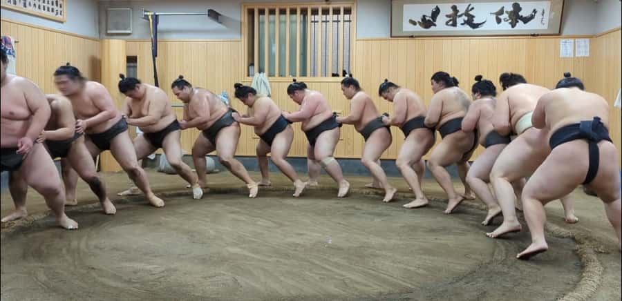 Tokyo: Morning Sumo Practice Viewing - After training: photos, calm conversation, and respect