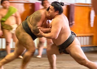 Sumo Morning Practice with journalists. Not fake show